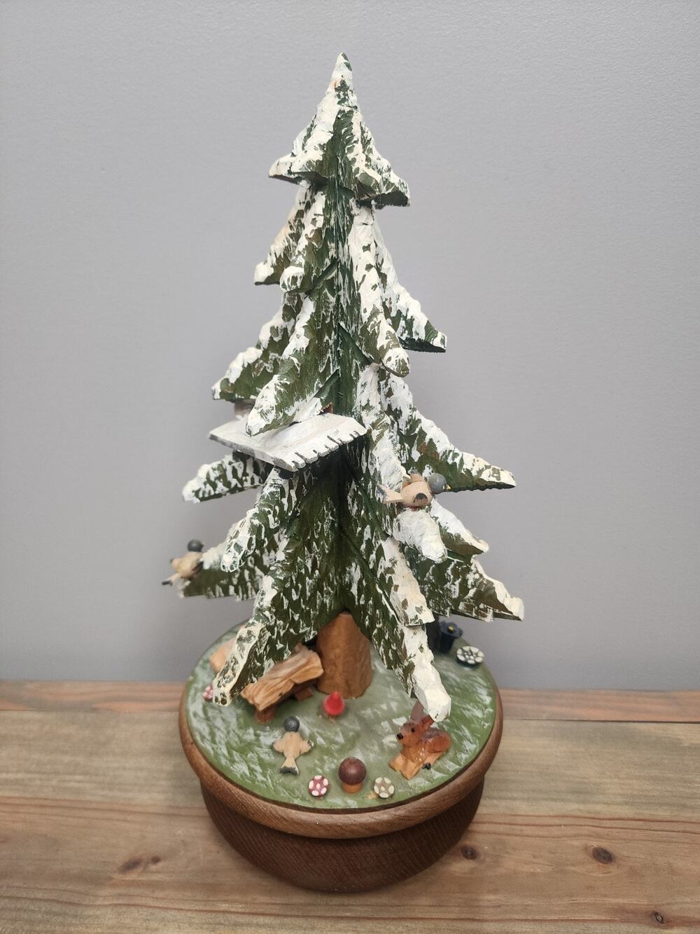 Vtg ANRI Wood CHRISTMAS TREE Nativity Thorens Swiss Movement Rotating Music Box